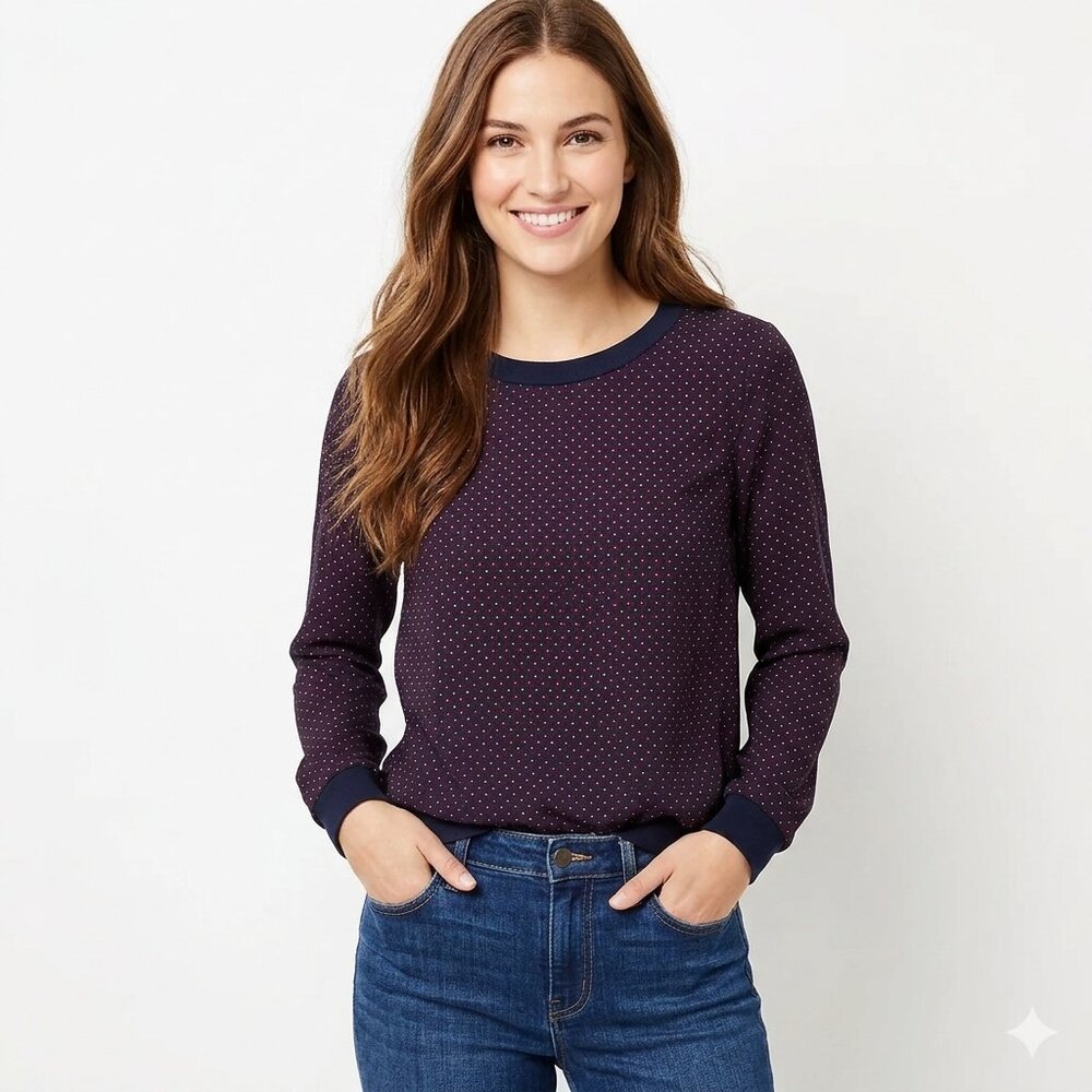 LOFT Ann Taylor Navy Blue Geometric Diamond Print Long Sleeve Blouse Top Small S